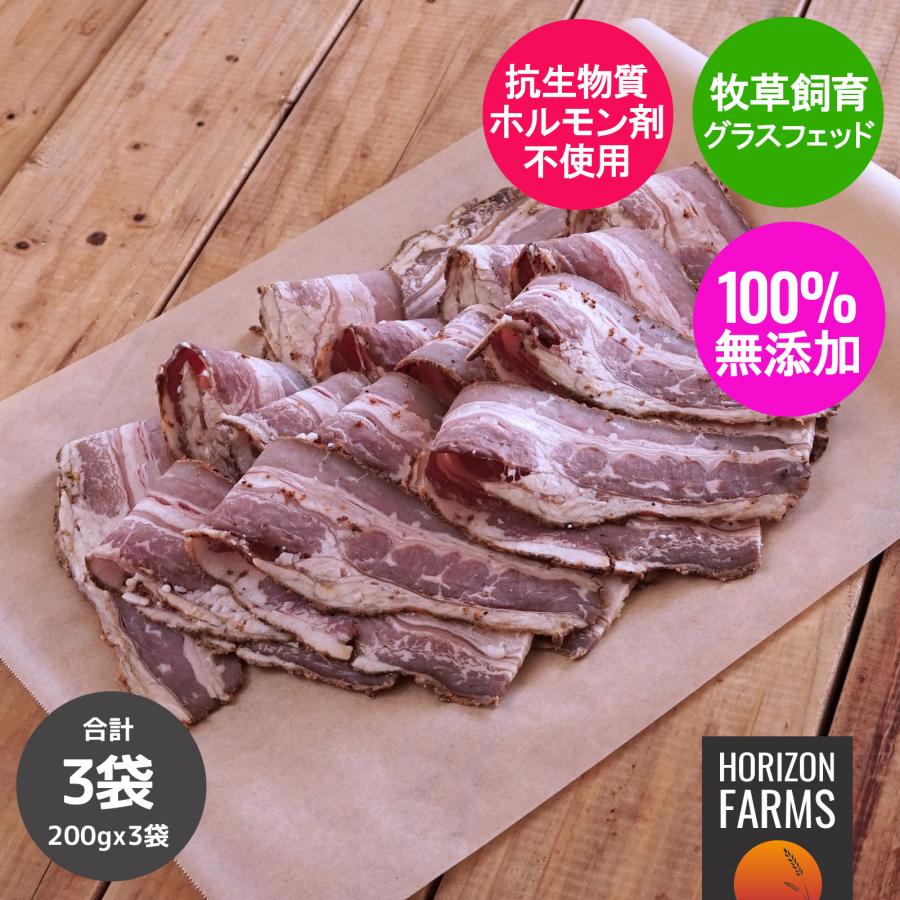 無添加・砂糖不使用 高品質 グラスフェッド 牛肉 パストラミ ビーフ ベーコン 200g x 3パックセット 合計600g ホルモン剤や抗生物質一切不使用