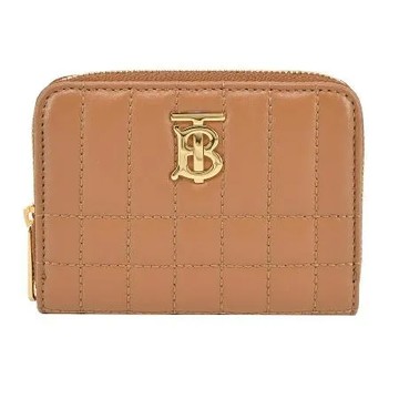 BURBERRY Lola TB金字LOGO格紋絎縫羔羊拉鍊零錢包(楓木棕)