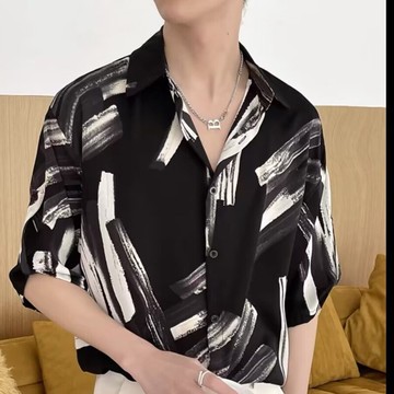 【HOT 本舖】男装夏季水墨薄款冰絲七分袖襯衣男士潮牌設計高級感短袖襯衫潮流男裝