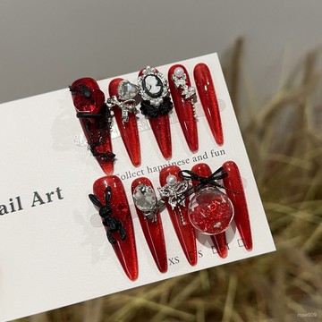 ➕最新設計款穿戴甲💅手工穿戴甲高級感酒紅色貓眼長款美甲片黑蛇愛心兔子結婚甲假指甲細狗長尖穿戴甲 CUMB