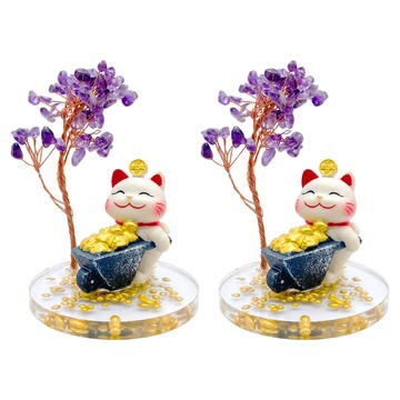 MODACore 摩達客 天然紫水晶發財樹推車滿金富斗招財貓黃碎石圓底座 寓意智慧冷靜靈感 質感居家招福擺飾  紫色  8 x 11cm