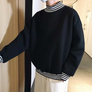 假兩件刷毛橫條領T恤 落肩 寬鬆 長T 長袖T恤 大學T 高質感 男女不拘  男生著衣（EHE33）【壹號站】