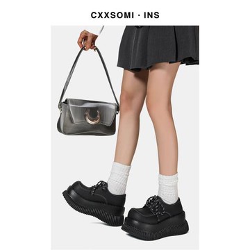 設計感朋克厚底小皮鞋女小個子學院風增高松糕鞋軟底大頭鞋單鞋子