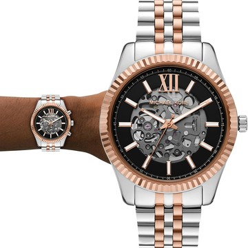 Michael Kors MK Lexington 都會時尚鏤空機械錶 男錶-黑x玫瑰金框/44mm MK9266