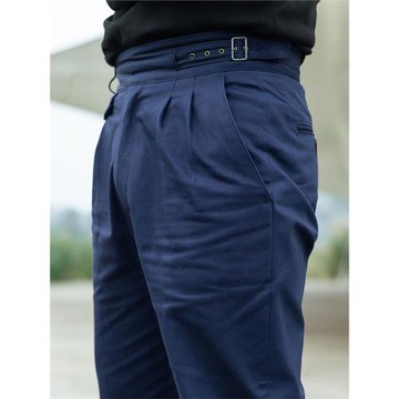 男士廓爾喀休閑褲 高密純棉活性染海軍藍 寬松錐形九分褲搭配靴子