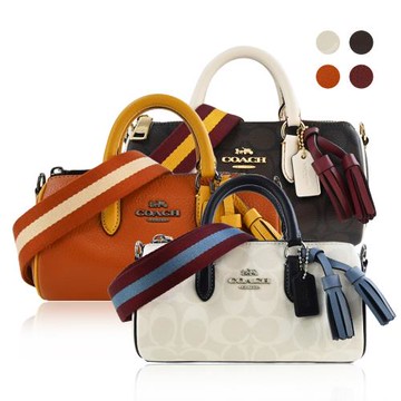 COACH 立體馬車LOGO撞色荔枝紋皮革/PVC拼接皮革流蘇掛飾織布背帶兩用圓桶包(多色選)