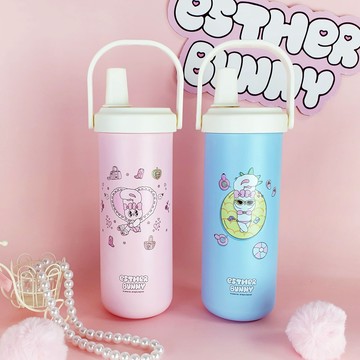 【艾絲樂小兔】不鏽鋼手提吸管杯 ( 花漾粉 / 戲水藍 )