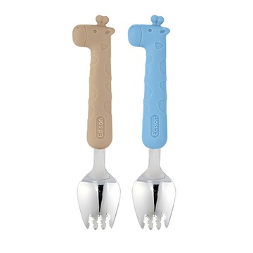 Edison 矽膠柄兒童餐具組 長頸鹿款 帶餐具收納盒  兒童湯叉 + 收納盒  淺褐色+藍色  1組