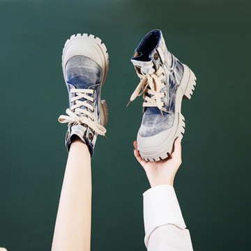 歐洲站牛仔高幫鞋女2025春季新款厚底休閑短靴女靴馬丁靴帆布鞋潮