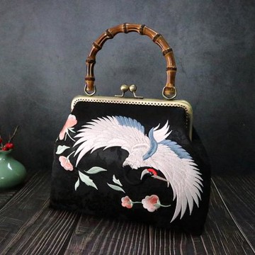 民族風仙鶴刺繡復古手工旗袍包中國風竹節手提包中年媽媽包小眾包