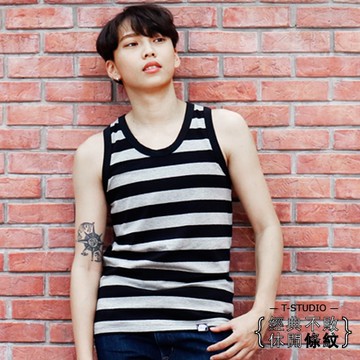 【T-STUDIO】CHU ME系列100%舒適純棉/經典條紋款/吊嘎束胸內衣(條紋黑灰)