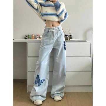 蝴蝶貼布個性牛仔褲女大碼胖mm高腰直筒褲a字顯瘦梨型身材闊腿褲