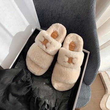 【Ruyan Vuicr】凱旋門毛毛拖鞋女外穿羊羔毛一體厚底平底棉鞋女
