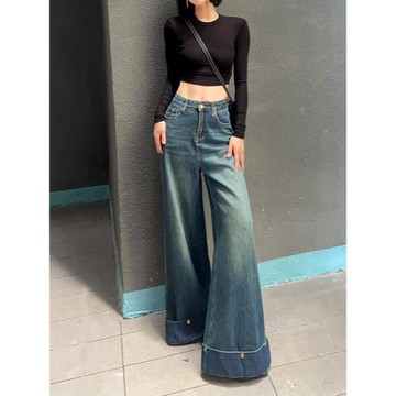 楊楊 復古藍寬松闊腿牛仔褲女春秋水洗褲腳大翻邊直筒拖地長褲