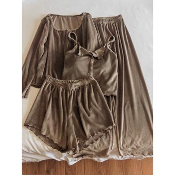 海島絨睡衣女秋冬季加絨帶胸墊性感純欲風美拉德保暖三件套家居服