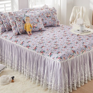 公主風蕾絲全棉夾棉床裙式床罩床單單件法式宮廷風純棉防滑防塵套