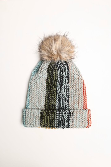 /潮流精品/藍橙直條紋雜線毛帽細軟純美麗諾羊毛帽/手工編織藝術