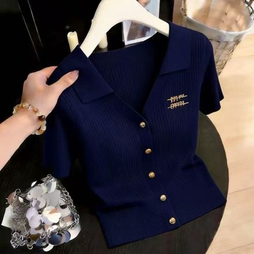 Polo領針織POLO衫女 上衣 POLO衫 短袖衫 上衣女小香風洋氣減齡小衫寬鬆顯瘦短袖T恤女 女裝