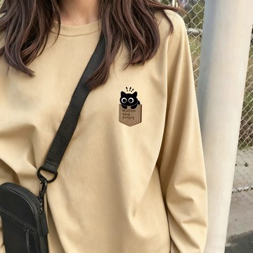 免運 【可愛貓貓】韓版 寬鬆上衣 長袖t oversize 長t shirt 薄長袖 t恤女 美式大t 棉t 1603