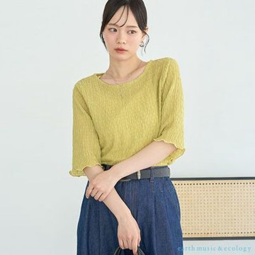 〔earth music〕縐紗微透圓領捲邊五分袖上衣