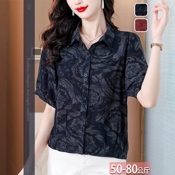 翻領釦飾花卉壓紋印花半分袖襯衫(2色) L-4XL【745535X】【現+預】☆流行前線☆