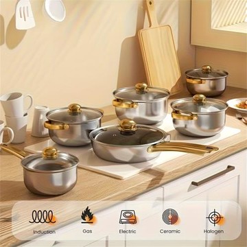 不銹鋼炊具組合包含6個鍋子和6個蓋子不粘鍋湯鍋煎鍋燉鍋炒鍋奶鍋