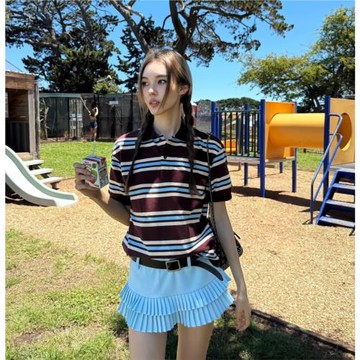 25年春夏新款miu系穿搭撞色條紋polo領口短袖T恤美式復古上衣女