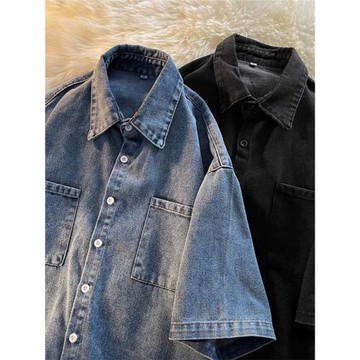 夏季薄款短袖牛仔襯衫男潮牌ins寬松純色青少年水洗港風復古外套