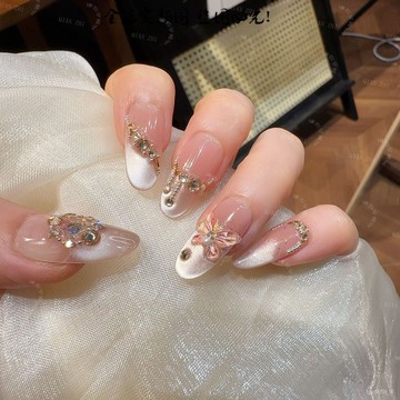 🎁高定蝴蝶🎁鋯石立體蝴蝶純手工穿戴甲貓眼美甲貼片氣質顯白拆卸式指甲新年穿戴甲顯白美甲片高級感穿戴甲 NCKH