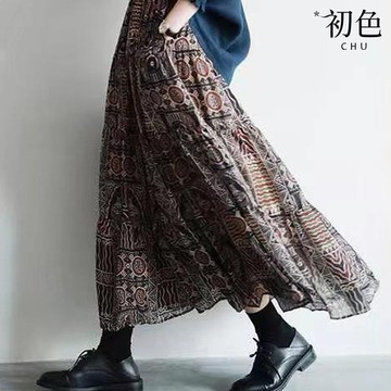 初色 復古文藝休閒印花輕薄透氣雪紡A字裙中長裙半身裙-花色-37353(M-2XL可選)
