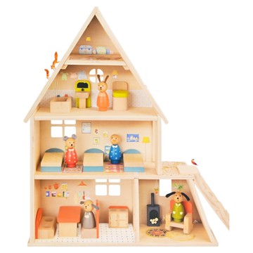 Moulin Roty 歡樂家庭木製玩具組 包含壁爐、沙發、廚房、浴室及床的小配件  1組  Natural wood