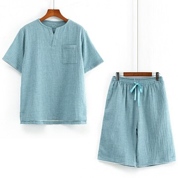 無印純棉雙層紗皺布睡衣男女式短袖短褲家居服套裝夏季薄款可外穿【木屋雜貨】