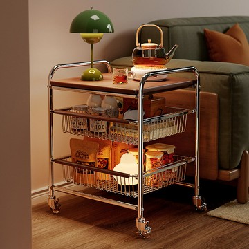【含稅/免運】 中古風沙發邊小推車置物架移動矮柜實木餐桌旁高級感多層零食收納