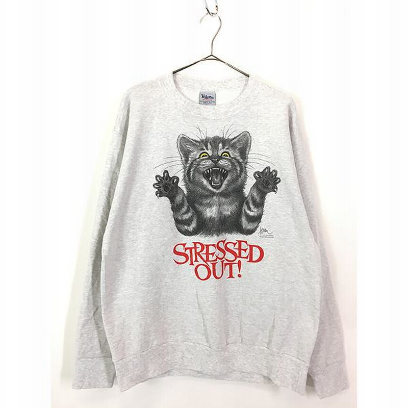 古着 90s USA製 「STRESSED OUT!」 ネコ 猫 アニマル モノトーン