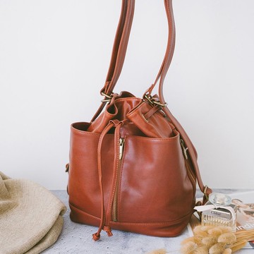 真皮兩用抽繩水桶包 22277 紅棕V