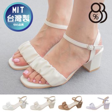 【88%】MIT台灣製 6cm涼鞋 優雅氣質一字抓皺雲朵 皮革方頭粗跟扣帶涼拖鞋