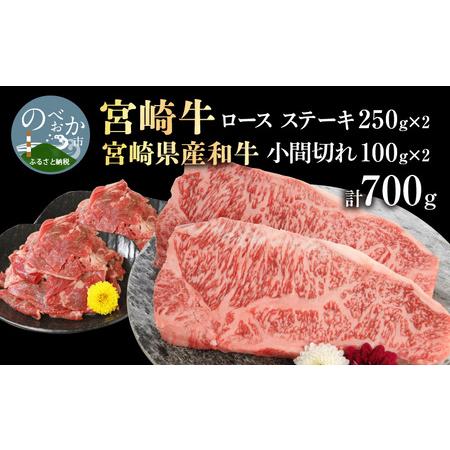 ふるさと納税 宮崎牛 ロース ステーキ 250g×2 宮崎県産和牛小間切れ 100g×2 計700g　N0147-ZB526 宮崎県延岡市