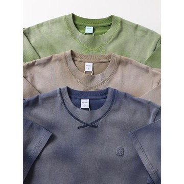 成衣染色阿美咔嘰重磅300g純棉做舊扎染圓領短袖T恤男復古半袖t恤