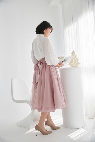 【露台上的波麗】重工瀑布紗裙-粉X粉 柔軟網紗+緞面紗