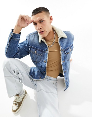 Lee sherpa borg lined denim jacket in true mid wash blue