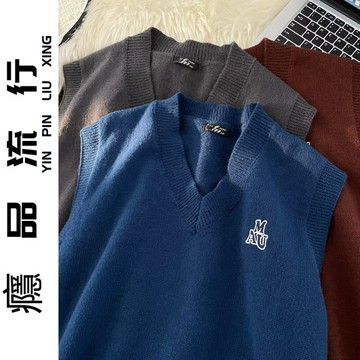 秋季美式高街復古無袖毛衣背心 韓版新款潮男寬鬆坎肩情侶打底衫 簡約時尚加厚休閒v領針織衫馬甲