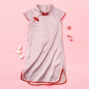 女童粉色花朵真絲旗袍兒童92%桑蠶絲唐裝寶寶禮服絲綢漢服古著洋裝 妞