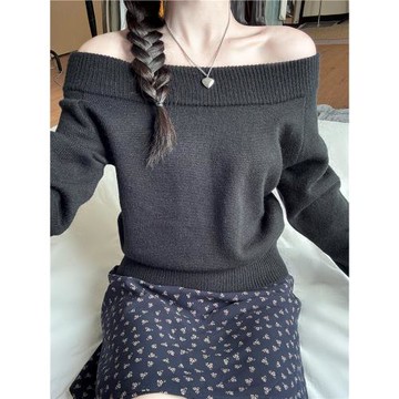 Brandy girl bm黑色一字肩上衣新款針織超好看路肩小眾設計感毛衣