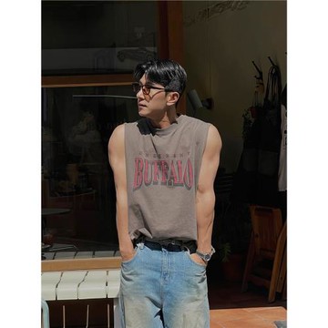 寬松字母印花無袖背心男夏季休閑百搭日系上衣小眾設計汗坎肩體恤