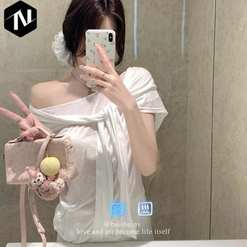【Nico】💜台灣熱銷【原版面料 雪花棉】白色斜肩T恤女鬆弛氣質薄款披肩上衣兩件套 時尚套裝 基礎款