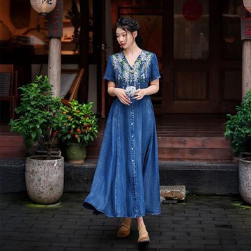 【米蘭精品】現貨+預購 新中式連身裙短袖洋裝牛仔長裙-復古刺繡開衫V領女裙子74ku56