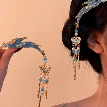 免運🔮側邊夾新中式景泰藍國風蝴蝶流蘇髮夾女古風步搖流蘇漢服髮飾潮髮夾 髮圈 鯊魚夾 髮束 皮筋发饰 高彈力髮圈 頭繩