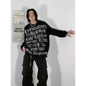 76美式復古字母提花海馬毛圓領情侶毛衣男秋冬小眾針織衫上衣潮牌