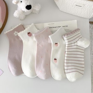 粉白草莓春夏襪子女短襪棉襪透氣花邊條紋韓版甜美可愛ins潮運動