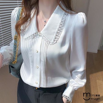 【Mini嚴選】現貨 花邊翻領壓摺襯衫